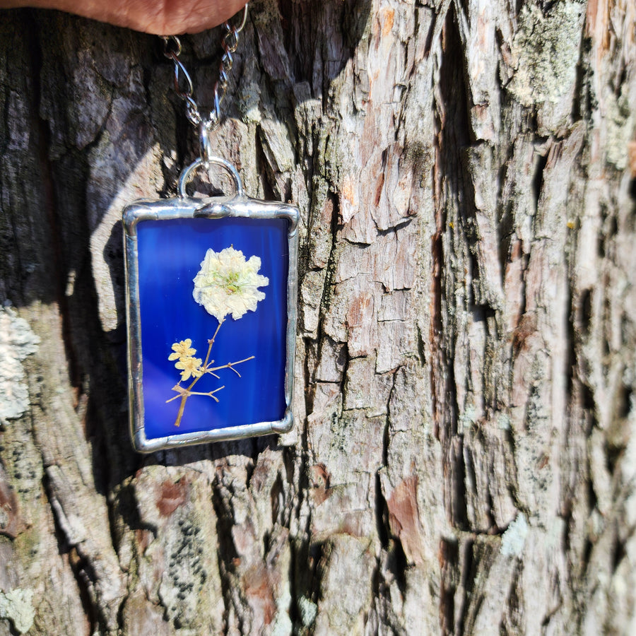 SOLD - Blue Stained Glass with Pressed Flower Pendant