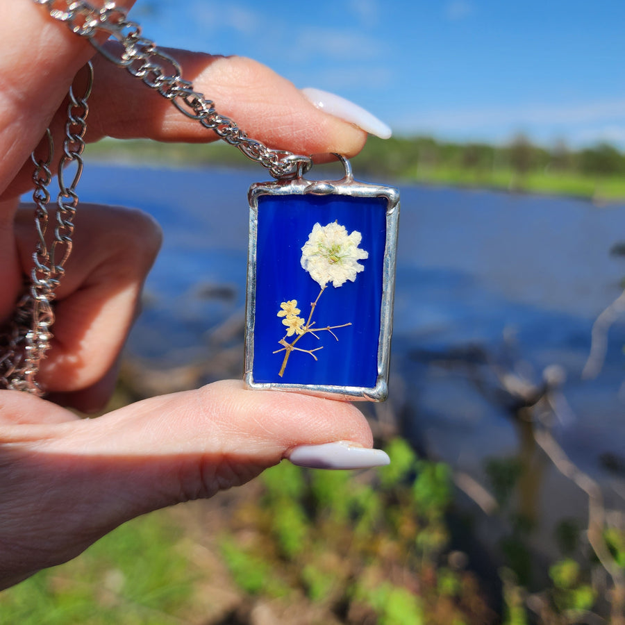 SOLD - Blue Stained Glass with Pressed Flower Pendant