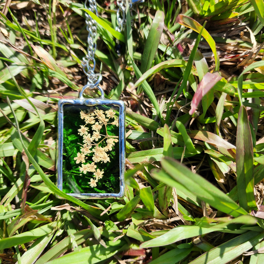 Light Green Stained Glass with Pressed Flower Pendant Necklace