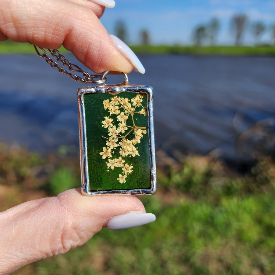 Light Green Stained Glass with Pressed Flower Pendant Necklace