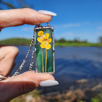 Real Pressed Flower Jewelry, Green Stained Glass