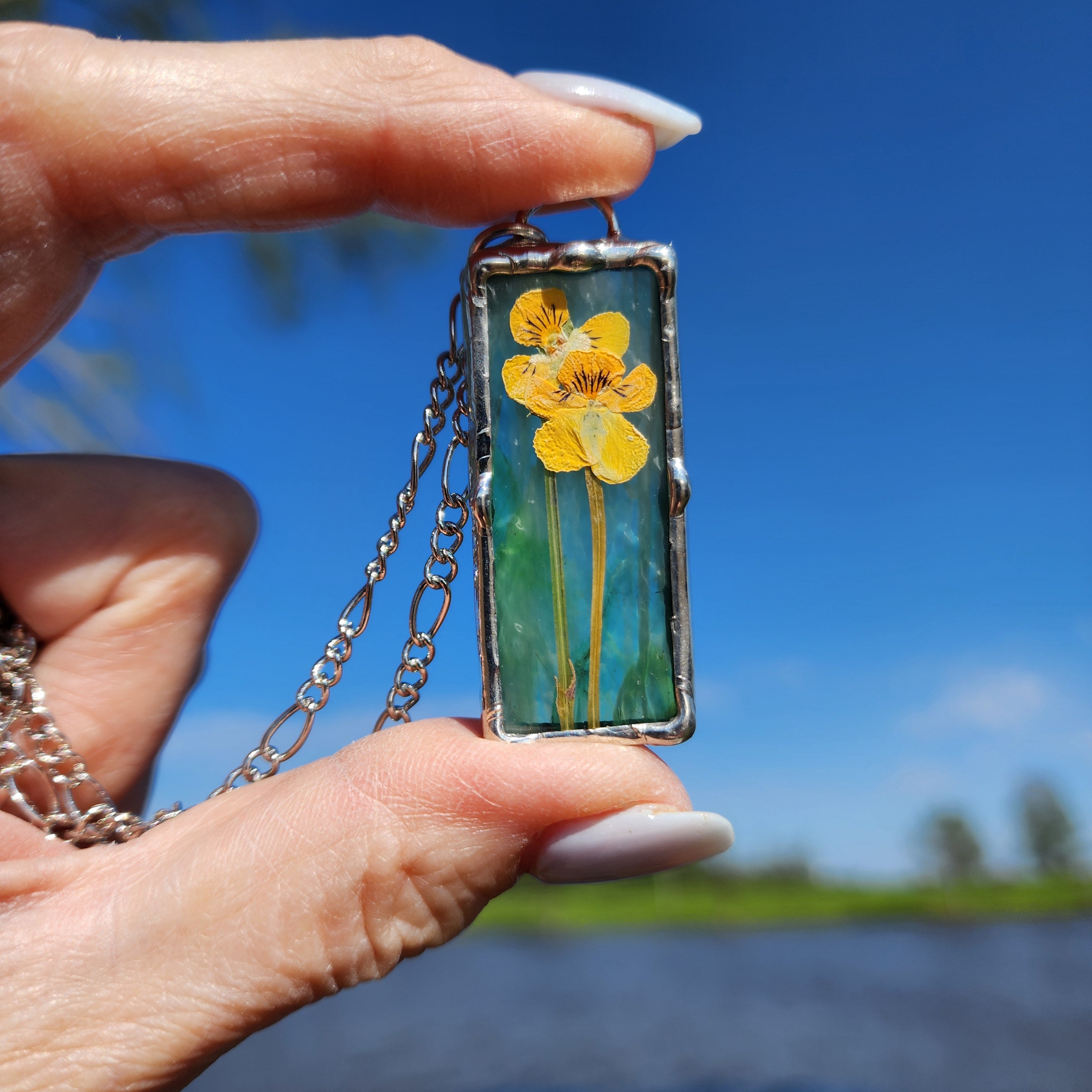 Real Pressed Flower Jewelry, Green Stained Glass SOLD Bayou Glass Arts