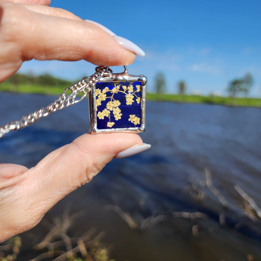 Real Pressed Flower Jewelry, Blue Stained Glass