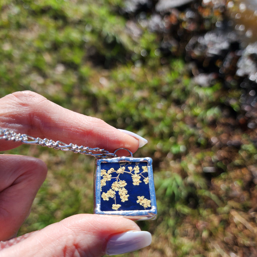 Real Pressed Flower Jewelry, Blue Stained Glass