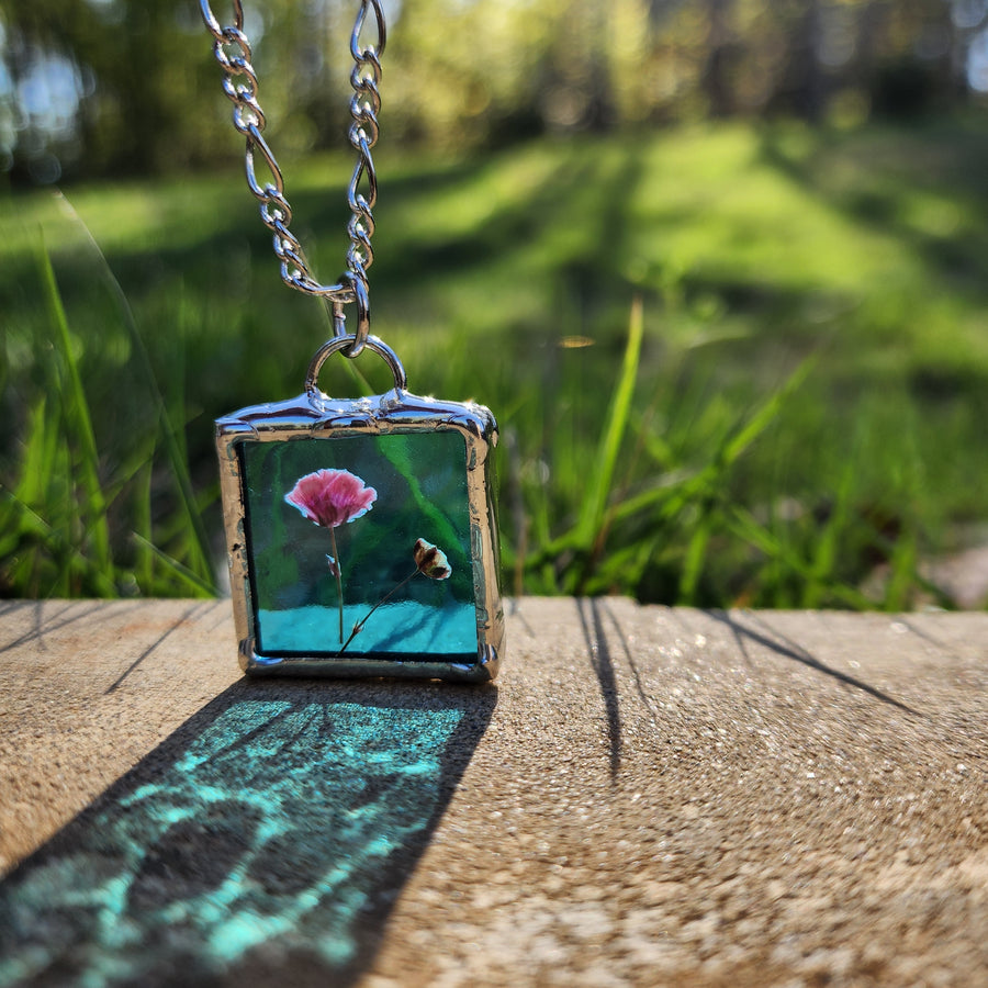 Real Pressed Flower Jewelry, Turquoise Stained Glass - SOLD