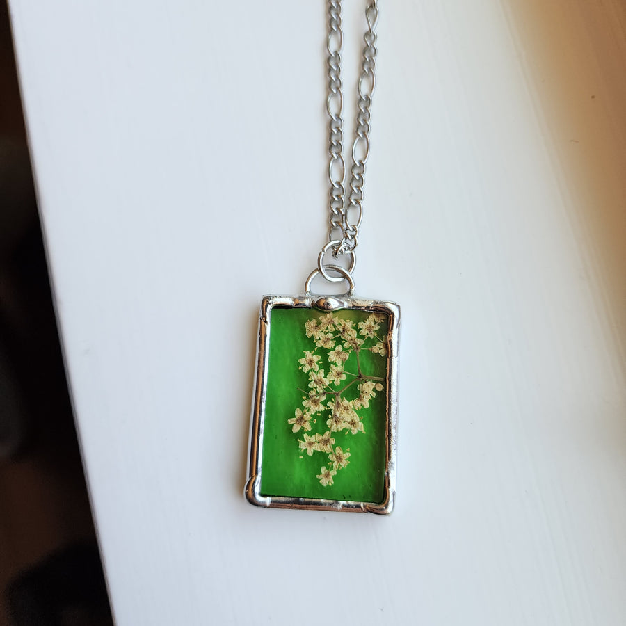 Light Green Stained Glass with Pressed Flower Pendant Necklace