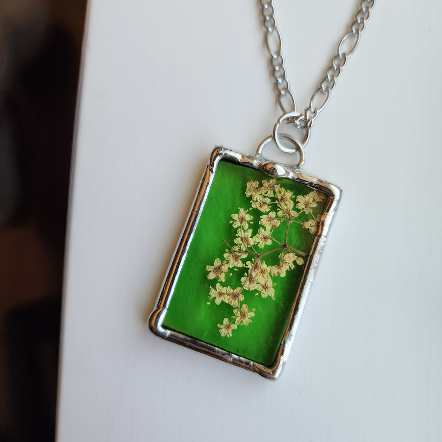 Light Green Stained Glass with Pressed Flower Pendant Necklace - SOLD