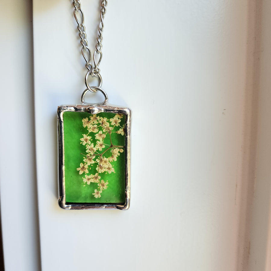 Light Green Stained Glass with Pressed Flower Pendant Necklace