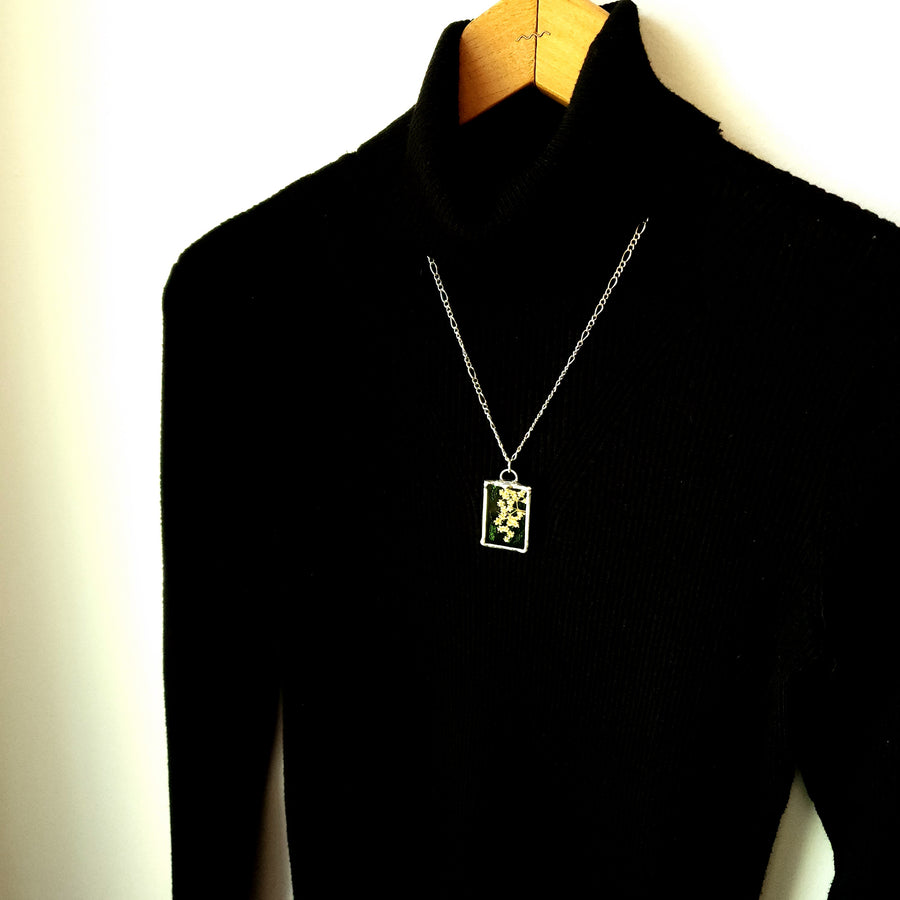 Light Green Stained Glass with Pressed Flower Pendant Necklace - SOLD