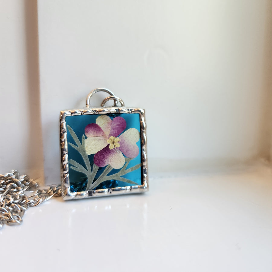 Real Pressed Flower Jewelry, Roses in Turquoise Stained Glass - SOLD