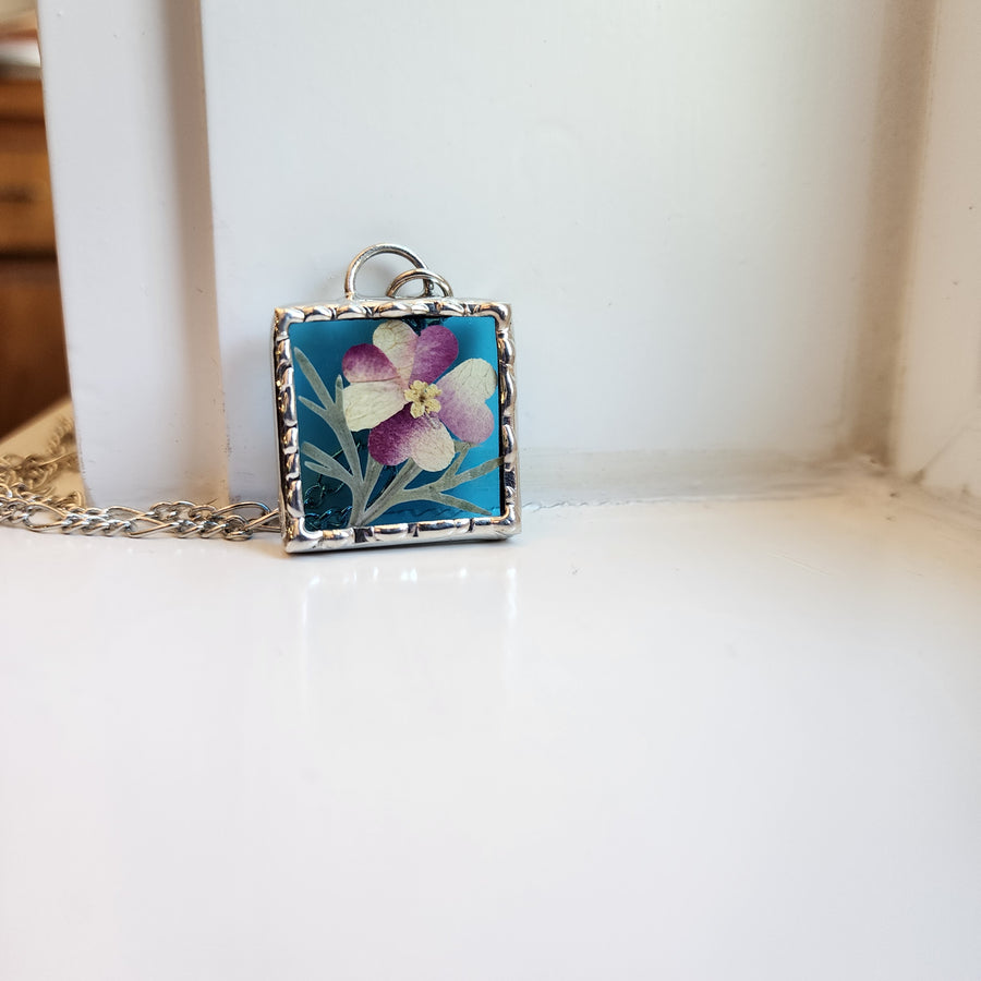 Real Pressed Flower Jewelry, Roses in Turquoise Stained Glass - SOLD