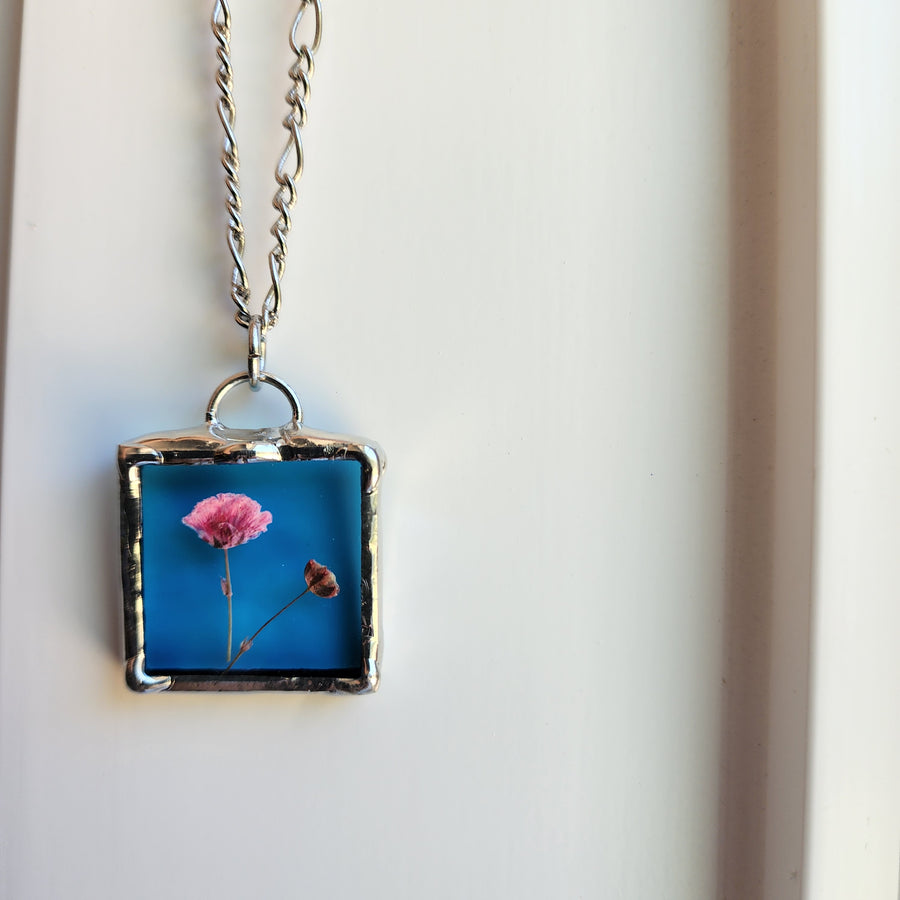 Real Pressed Flower Jewelry, Turquoise Stained Glass - SOLD