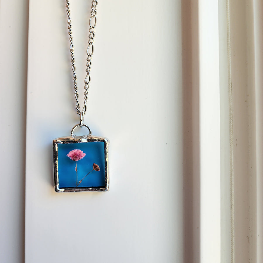Real Pressed Flower Jewelry, Turquoise Stained Glass - SOLD