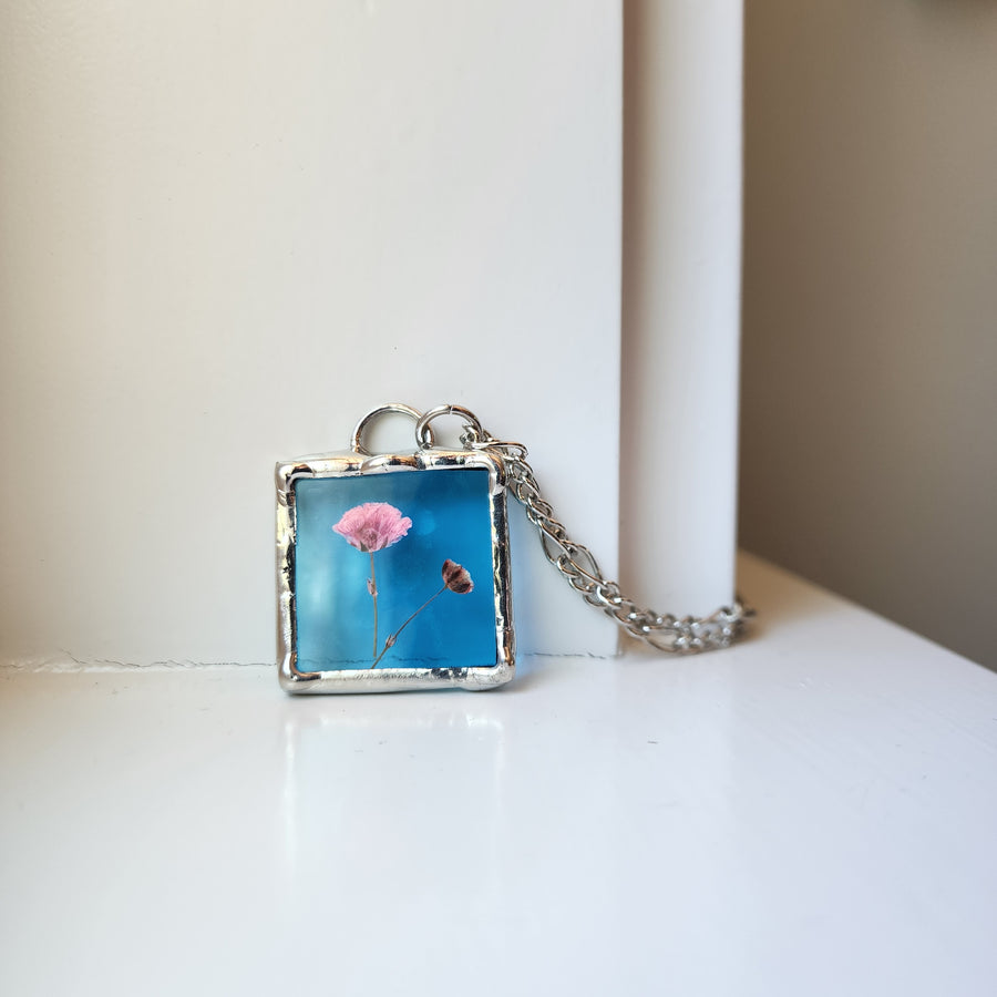 Real Pressed Flower Jewelry, Turquoise Stained Glass - SOLD
