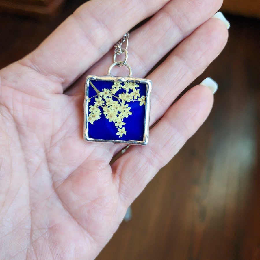 Real Pressed Flower Jewelry, Bullseye Blue Stained Glass