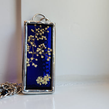 Real Pressed Flower Jewelry, Blue Stained Glass