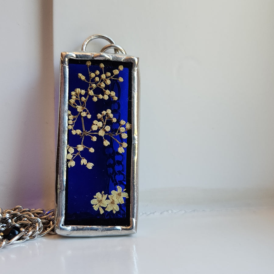 SOLD - Real Pressed Flower Jewelry, Blue Stained Glass