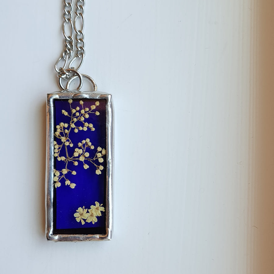 SOLD - Real Pressed Flower Jewelry, Blue Stained Glass