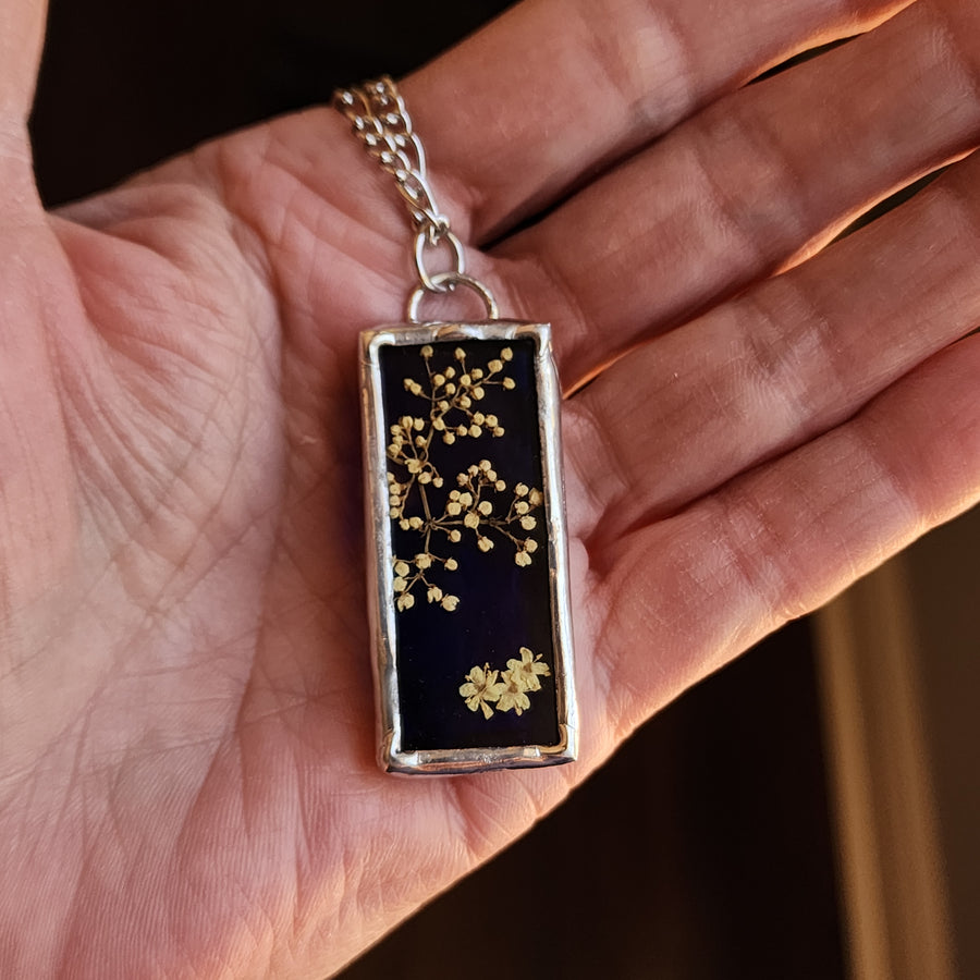 SOLD - Real Pressed Flower Jewelry, Blue Stained Glass