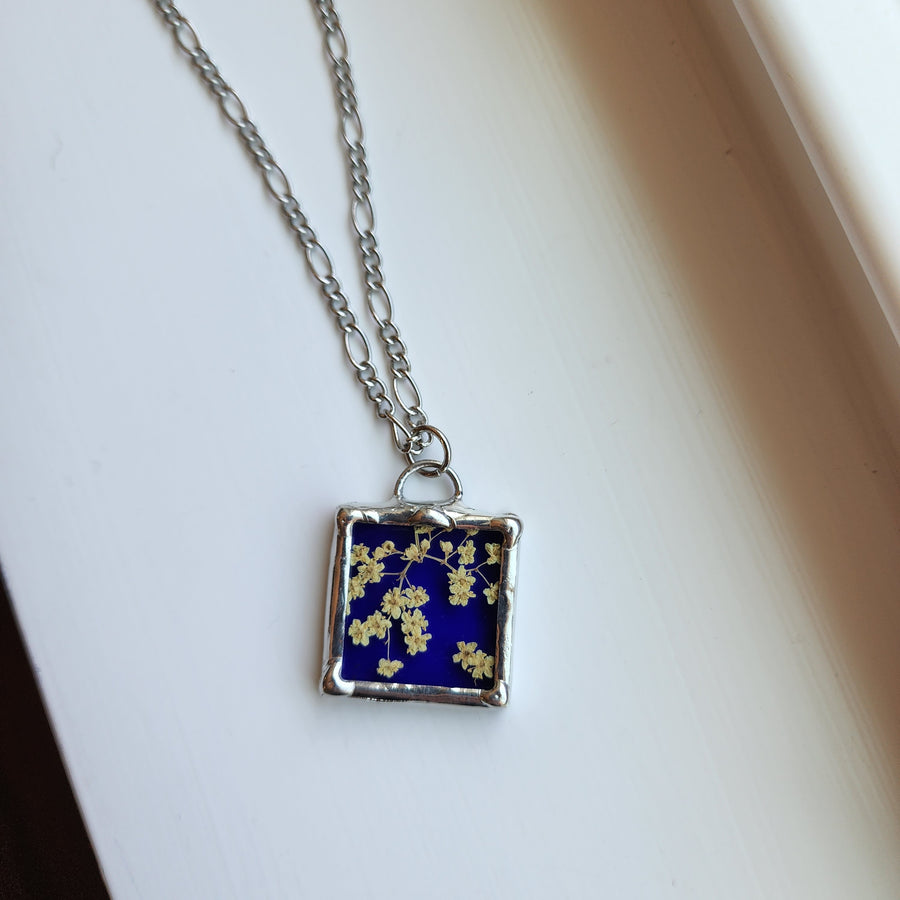 Real Pressed Flower Jewelry, Blue Stained Glass