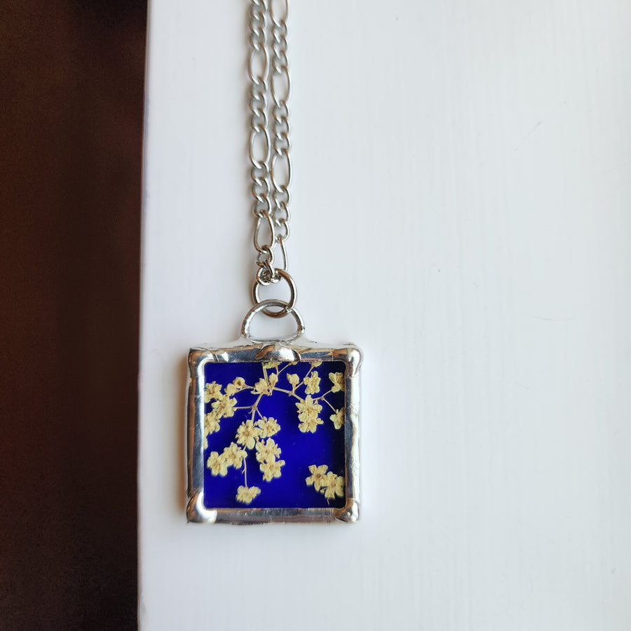 Real Pressed Flower Jewelry, Blue Stained Glass