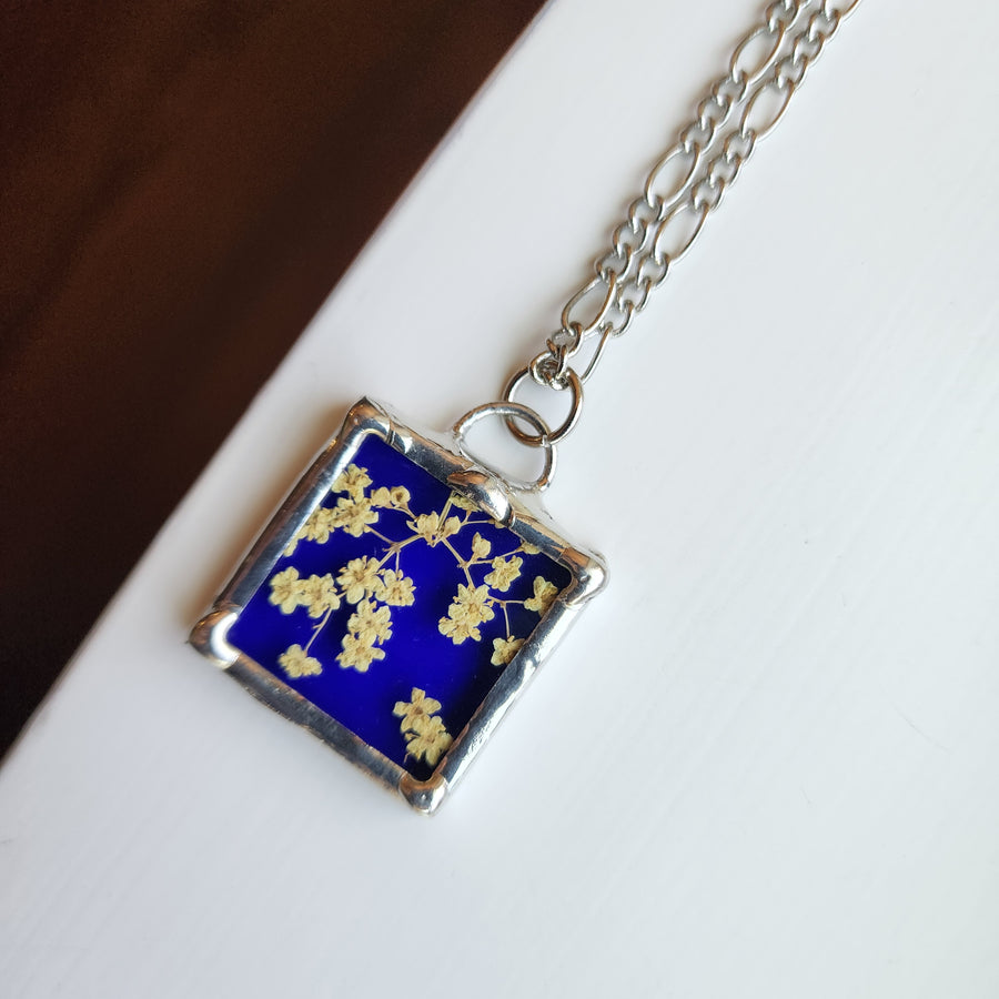 Real Pressed Flower Jewelry, Blue Stained Glass - SOLD