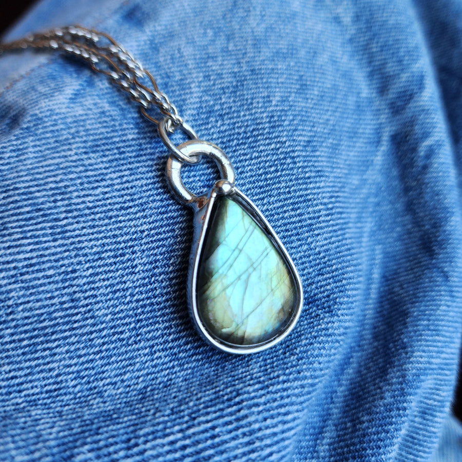Labradorite Pendant Necklace, Pear Shape and Great Flash