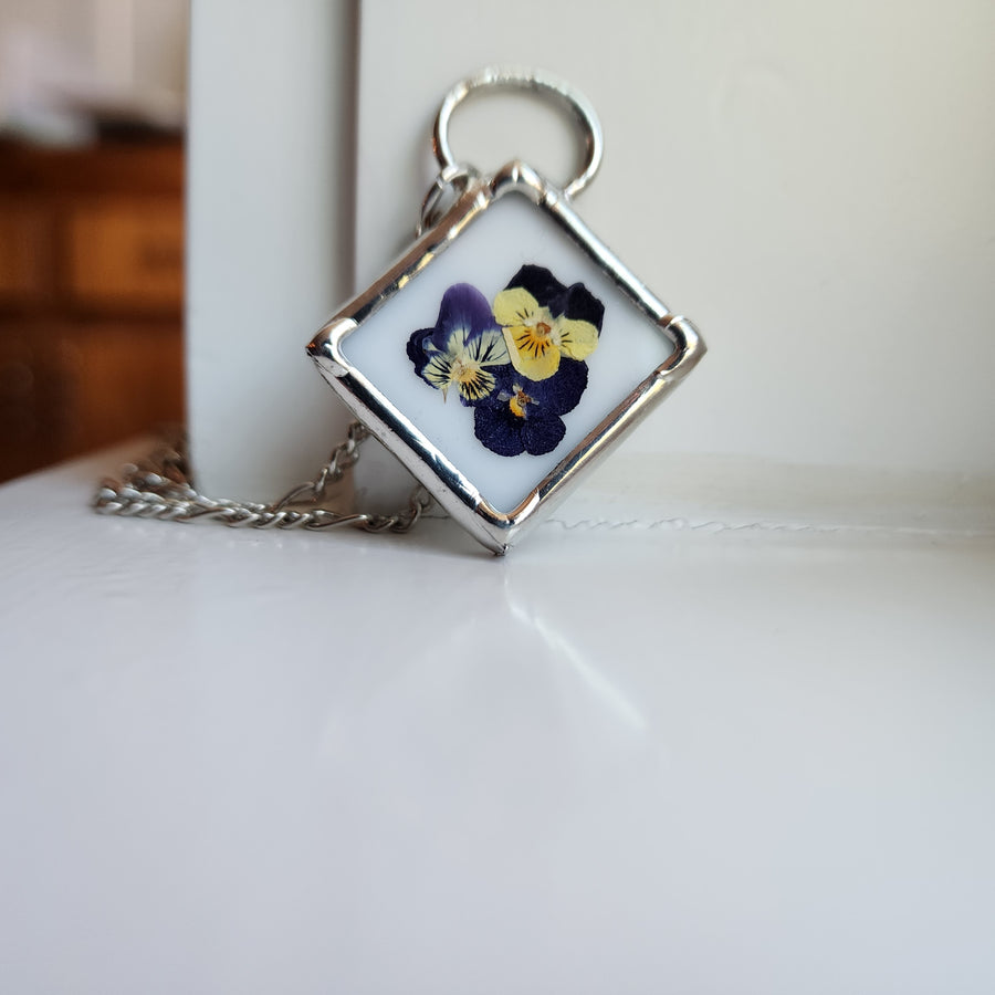 SOLD - Real Pressed Flower Jewelry, Violas, Stained Glass