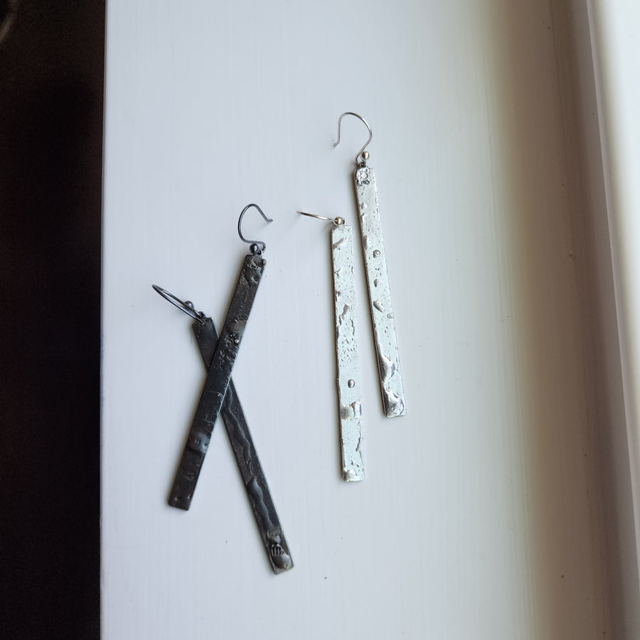 Long, Bar Earrings, Gunmetal or Silver Finish, Sterling Ear Wires