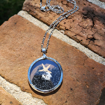 Pocket Watch Crystal Pendant, Starfish, Sand Dollar & Black Sand