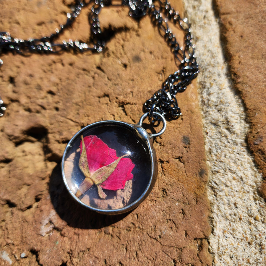 Rose Necklace, Real Pressed Rose Bud in Glass