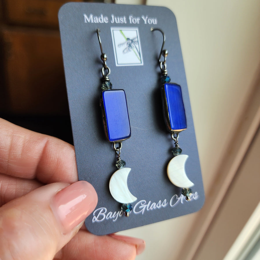 Blue Glass with Mother of Pearl Moon Earrings
