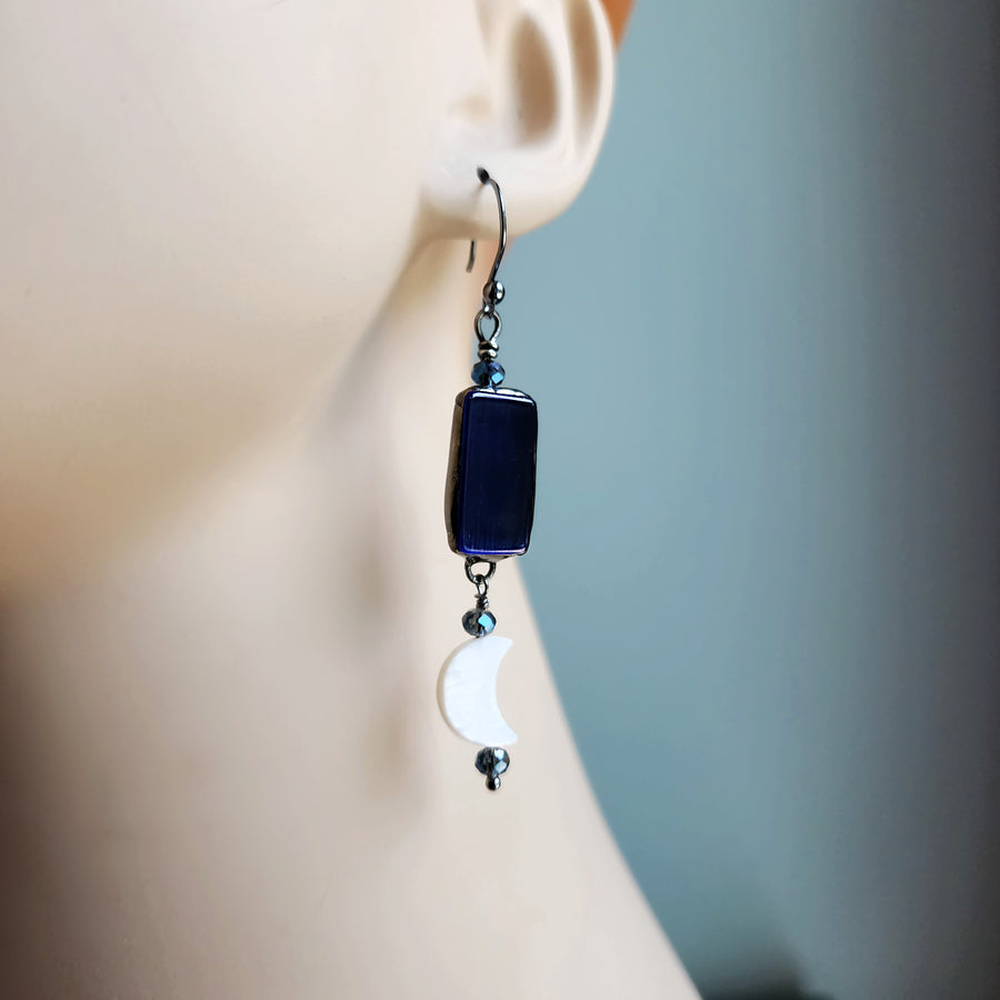 Blue Glass with Mother of Pearl Moon Earrings