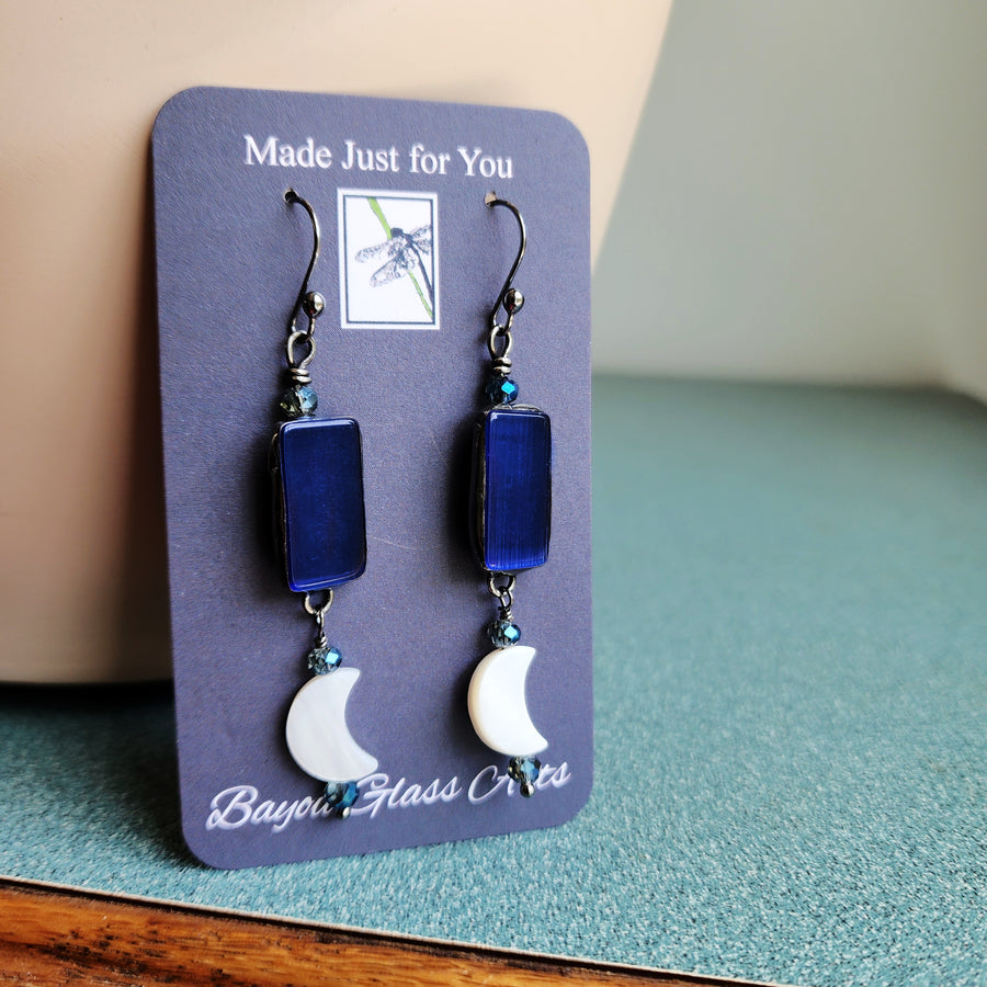 Blue Glass with Mother of Pearl Moon Earrings