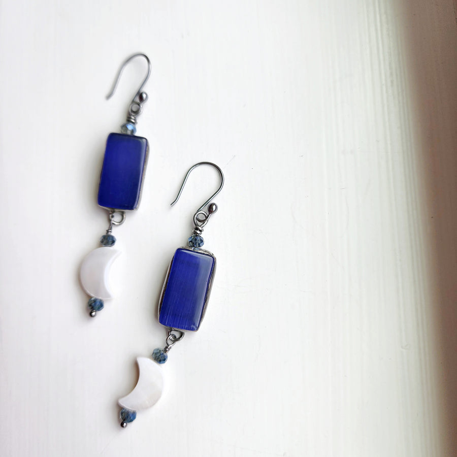 Blue Glass with Mother of Pearl Moon Earrings