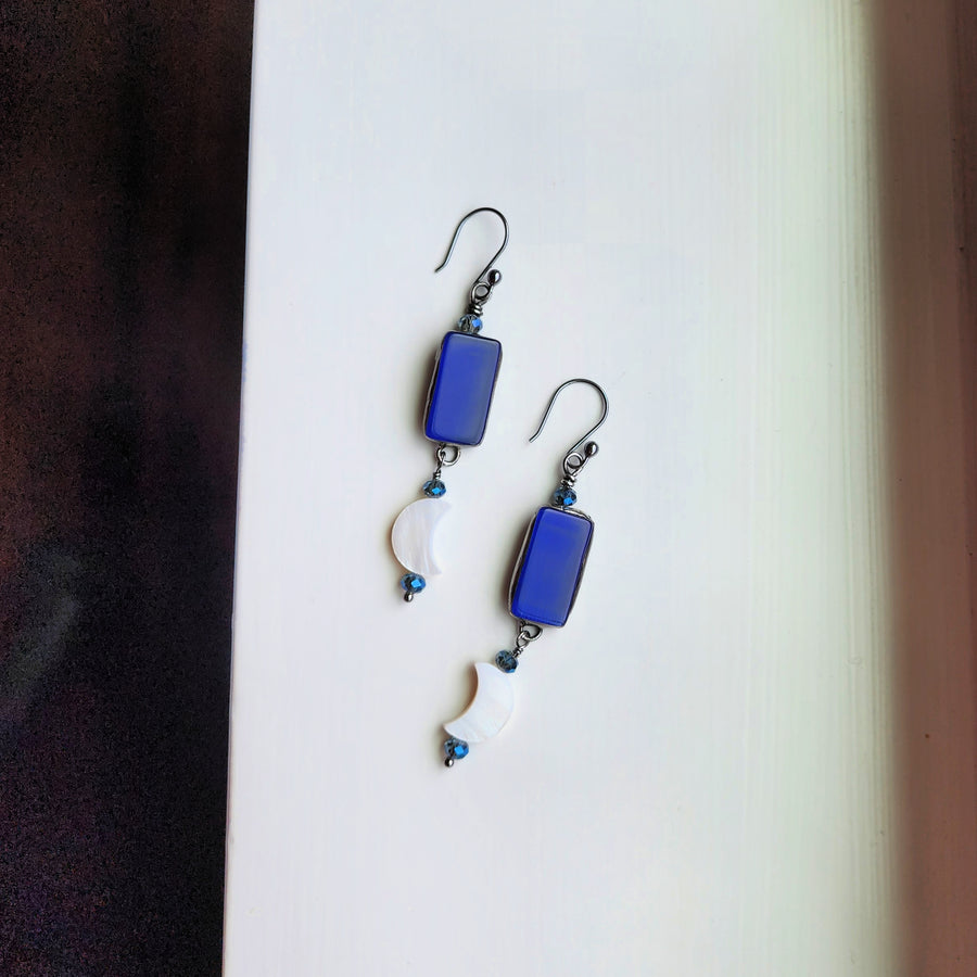 Blue Glass with Mother of Pearl Moon Earrings