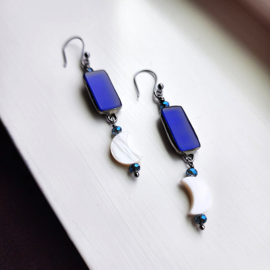 Blue Glass with Mother of Pearl Moon Earrings