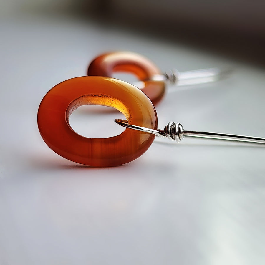 Long Handmade Gemstone Earrings, Red Carnelian