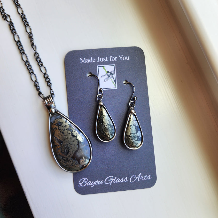 Monochromatic Jewelry Set, Marcasite Pear Earrings and Pendant Necklace