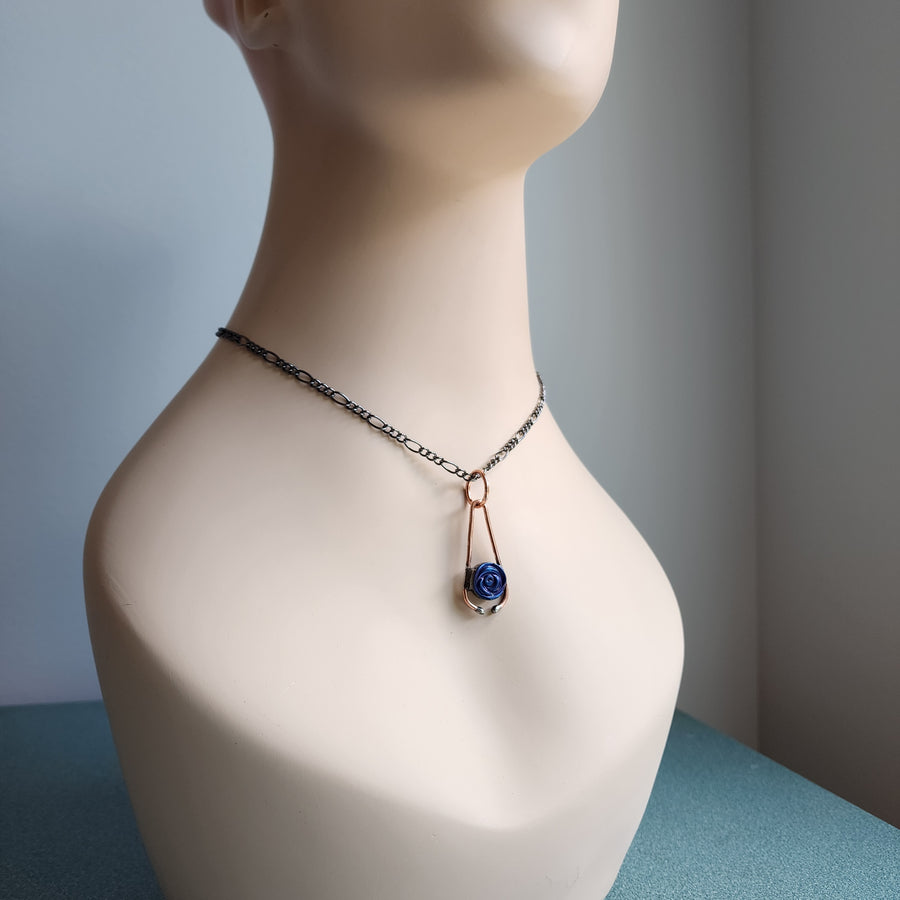 Copper Pendant Necklace with Blue Rose Inset