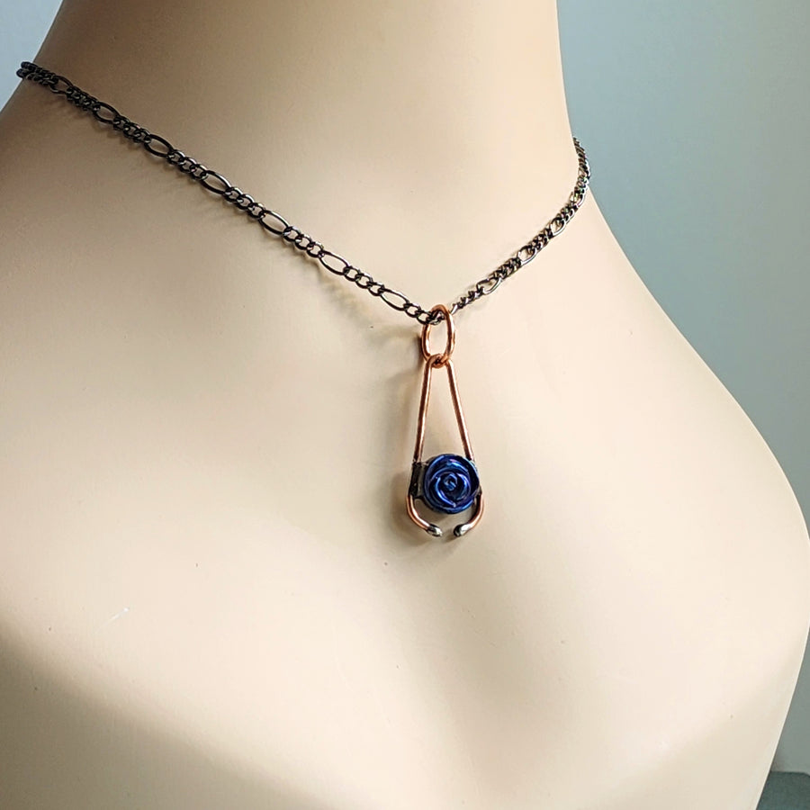 Copper Pendant Necklace with Blue Rose Inset