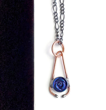 Copper Pendant Necklace with Blue Rose Inset