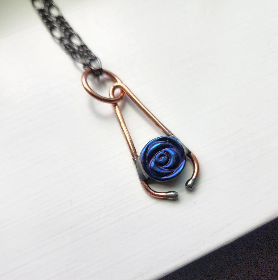 Copper Pendant Necklace with Blue Rose Inset