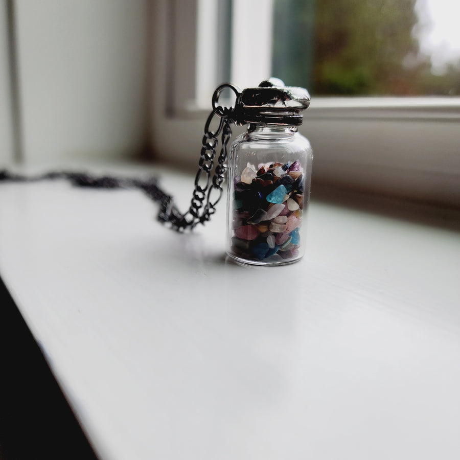 SOLD - Tiny Polished Gemstones in Vintage Glass Bottle Fidget Necklace