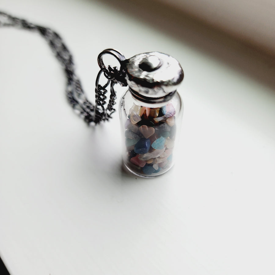 SOLD - Tiny Polished Gemstones in Vintage Glass Bottle Fidget Necklace