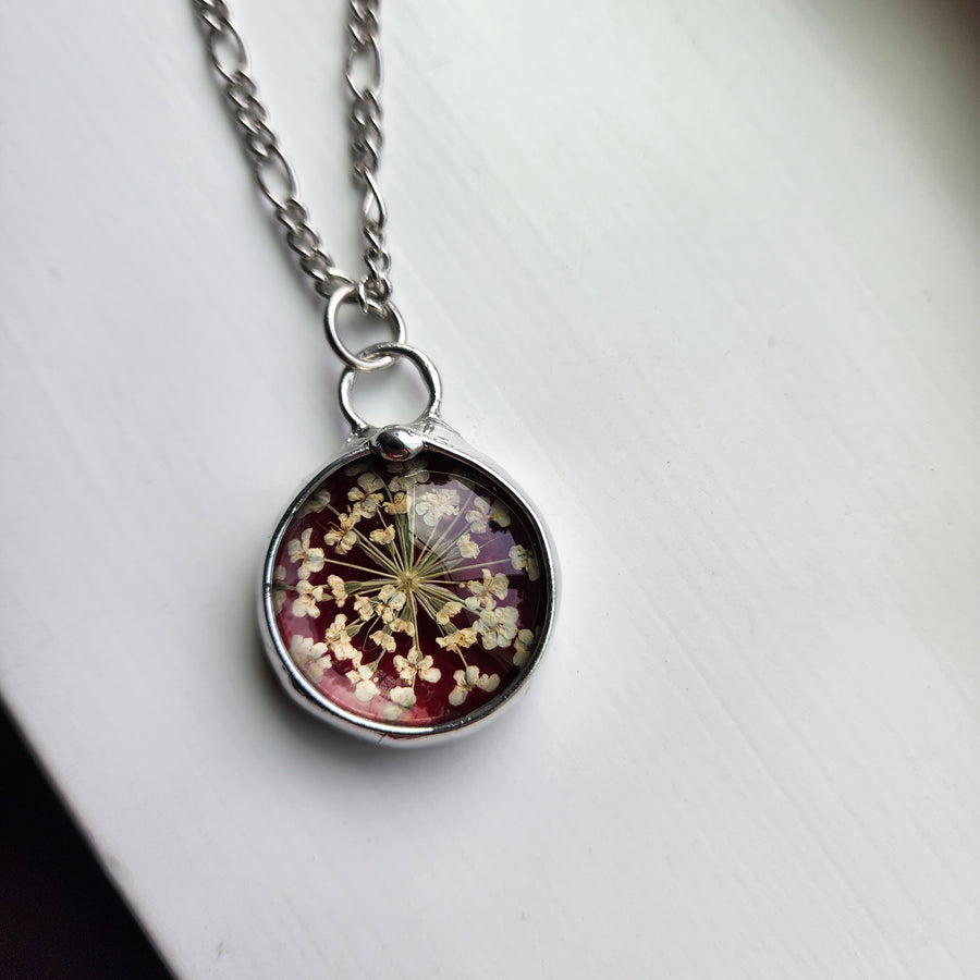 Stained Glass Necklace for Women, Ruby Red Glass with Queen Anne's Lace