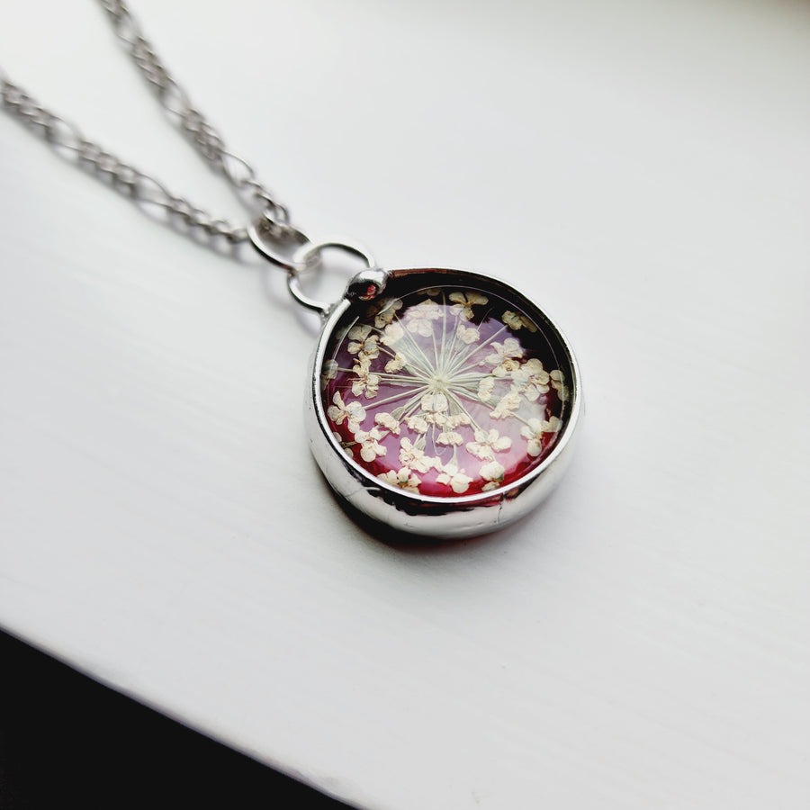 Stained Glass Necklace for Women, Ruby Red Glass with Queen Anne's Lace