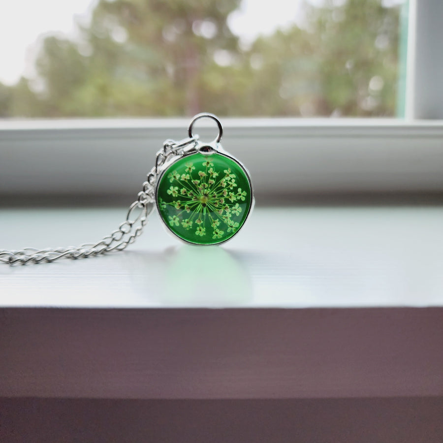 Stained Glass Necklace for Women, Ruby Red Glass with Queen Anne's Lace