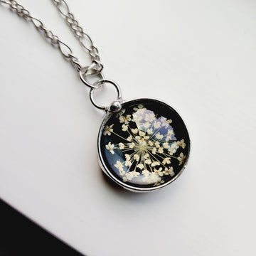 Stained Glass Necklace for Women, Black Glass with Real Queen Anne's Lace Encased