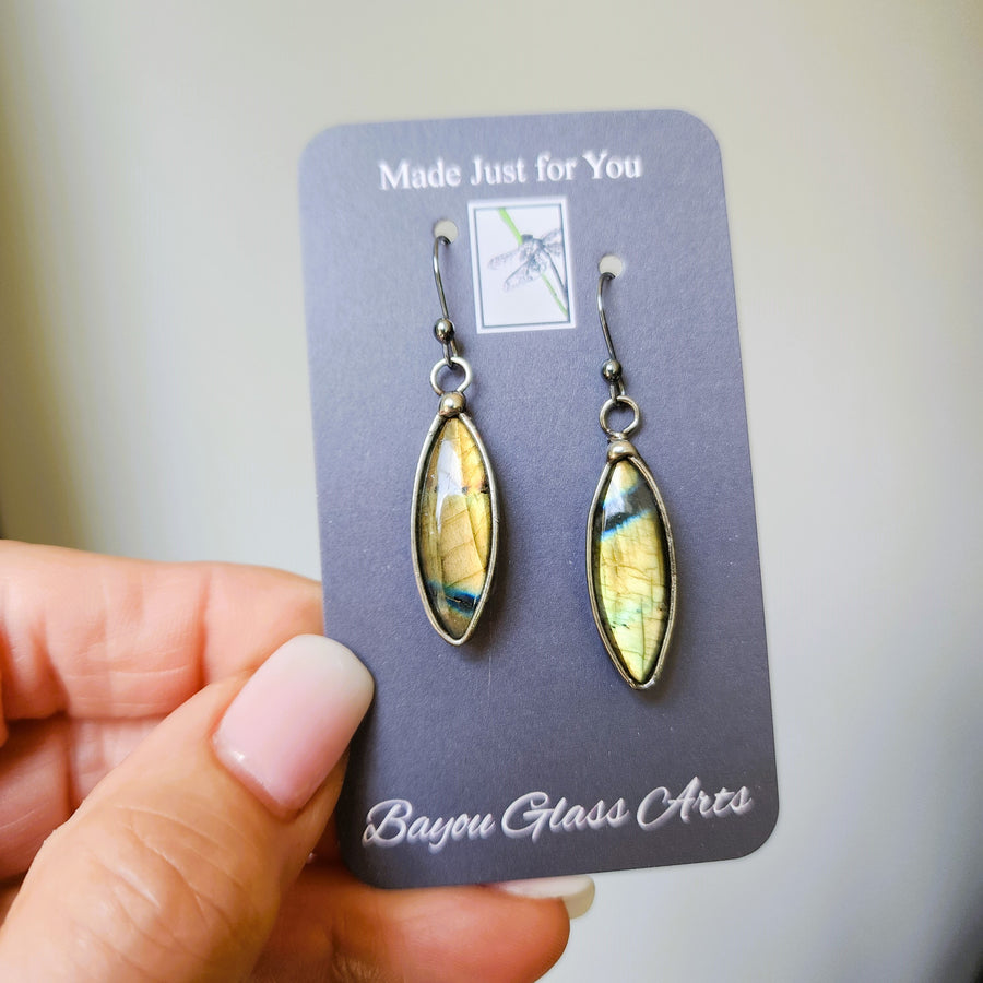 Labradorite Earrings, Marquise Shape, Gold & Green Flash